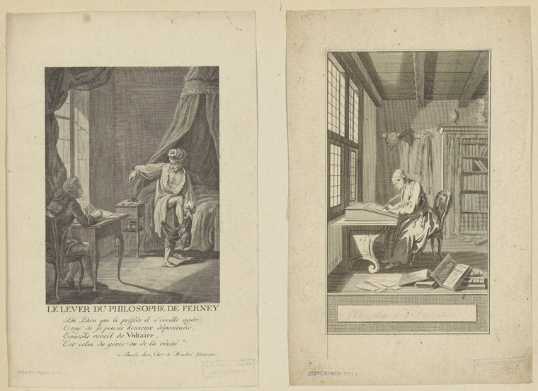 Le lever du philosophe de Ferney. Du dieu qui le posse'de il s'eveille agité; O toy! de la pensée heureux d'epositaire, Ecris, "Le reveil de Voltaire, "Est celui de génie ou de la vérité." / a baste chez Chrn. de Mechel graveur.  [Voltaire at his desk.]