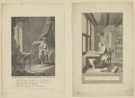 Le lever du philosophe de Ferney. Du dieu qui le posse'de il s'eveille agité; O toy! de la pensée heureux d'epositaire, Ecris, "Le reveil de Voltaire, "Est celui de génie ou de la vérité." / a baste chez Chrn. de Mechel graveur.  [Voltaire at his desk.]