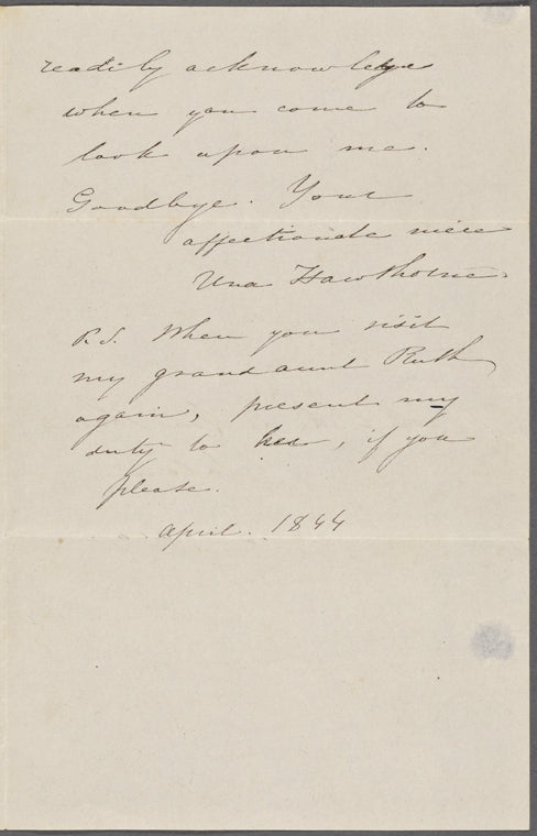 Hawthorne, Maria Louisa, AL, signed and written as if from Una. Apr. 1844.