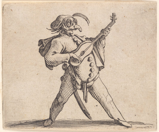Le comédien masqué, avec lunettes, et jouant de la guitare