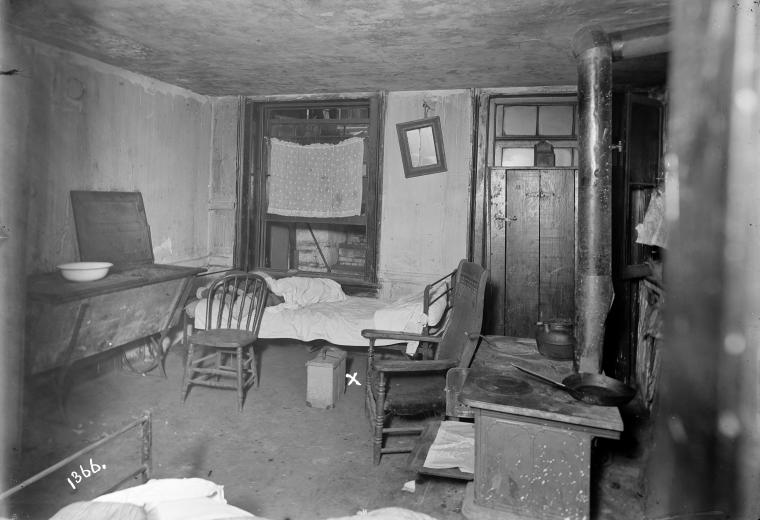 Inhabited room with stove, tubs, beds