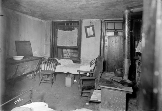 Inhabited room with stove, tubs, beds