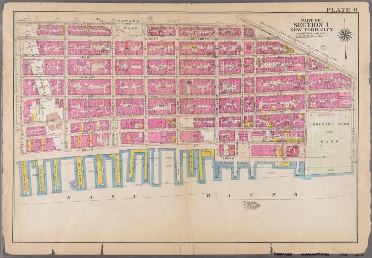 Plate 6: Bounded by Division Street, Grand Street, Corlears Street, Cherry Street, Jackson Street, [East River, Piers 29-54] South Street, Market Slip, and Market Street.]