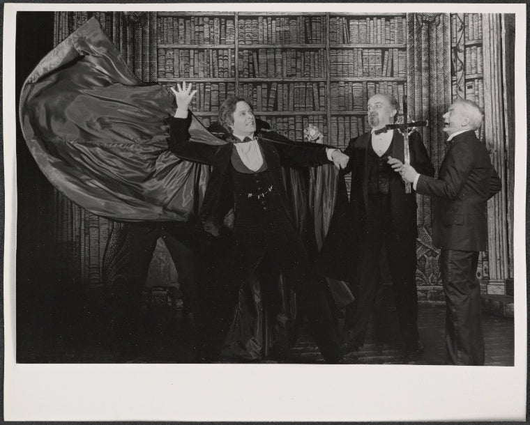 Alan Coates, Raul Julia, Jerome Dempsey and Dillon Evans in the 1977-80 Broadway revival of Dracula, sets by Edward Gorey