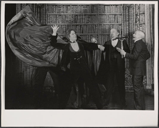 Alan Coates, Raul Julia, Jerome Dempsey and Dillon Evans in the 1977-80 Broadway revival of Dracula, sets by Edward Gorey