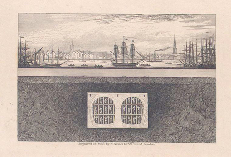 A view of Wapping, with the churches of Shadwell and St. George's in the East at a distance: , and a transverse section of the Tunnel, with a view of workmen in different cells of the shield
