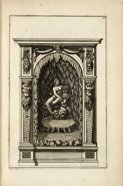 Grotto containing figures of nude woman, cherub, and two dolphins, seated about basin of water