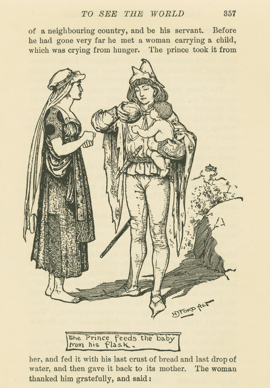 The prince feeds the baby from his flask.