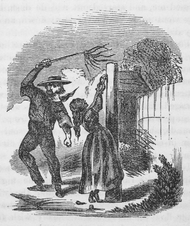 White man whipping a black woman tied to a pole