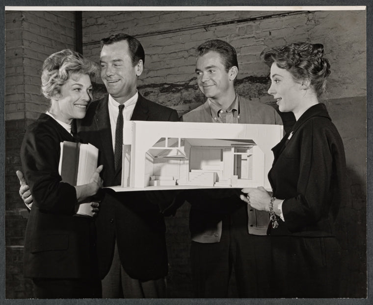 Nan Martin, Gig Young, Dean Jones and Sandra Church in rehearsal for the stage production Under the Yum-Yum Tree