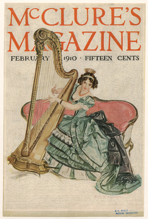 Young woman in evening gown playing the harp.