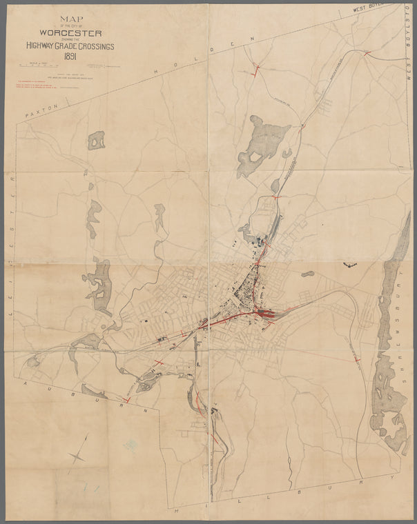 Map of the city of Worcester showing the highway grade crossings