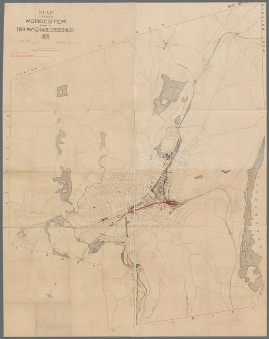 Map of the city of Worcester showing the highway grade crossings