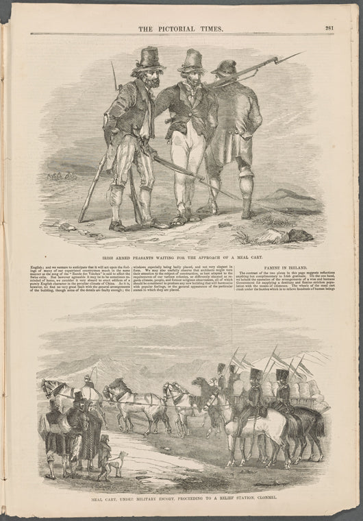 Irish armed peasants waiting for the approach of meal cart; Meal cart, military escort, proceeding to a relief station, Clonmel