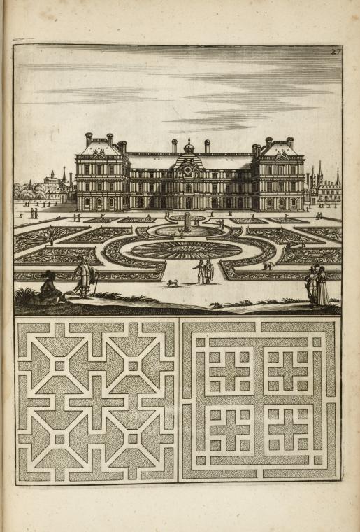 Large building with elaborate garden with central fountain; two garden plans