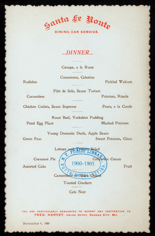 DINNER [held by] SANTA FE ROUTE DINING CAR SERVICE [at] EN ROUTE (RR;)