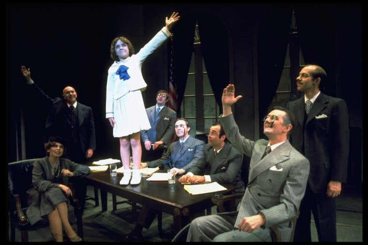 Andrea McArdle as Annie, Reid Shelton as Daddy Warbucks and Raymond Thorne as FDR in a scene from the Broadway production of the musical "Annie."