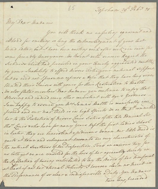 Charles James to Mrs. Porter, autograph letter signed