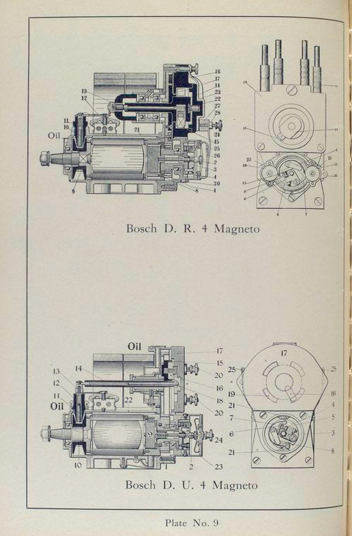 Plate No. 9; Bosch D. R. 4 magneto; Bosch D. U. 4 magneto [Drawing].