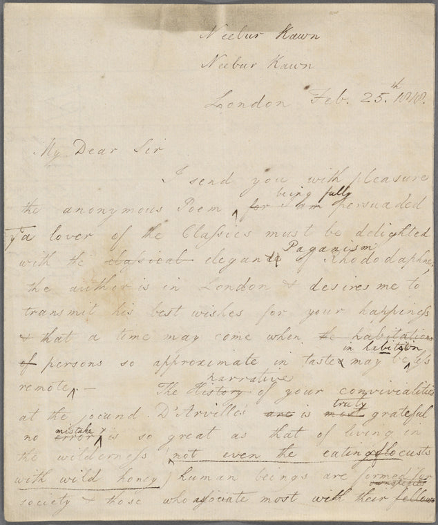 Autograph letter (draft) signed to John Frank Newton, 25 February 1818