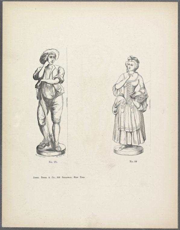 Male figure with spade, female figure with basket of flowers