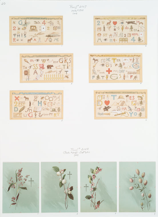 Christmas cards depicting rebus puzzle greetings. Easter cards depicting flowers and crosses.