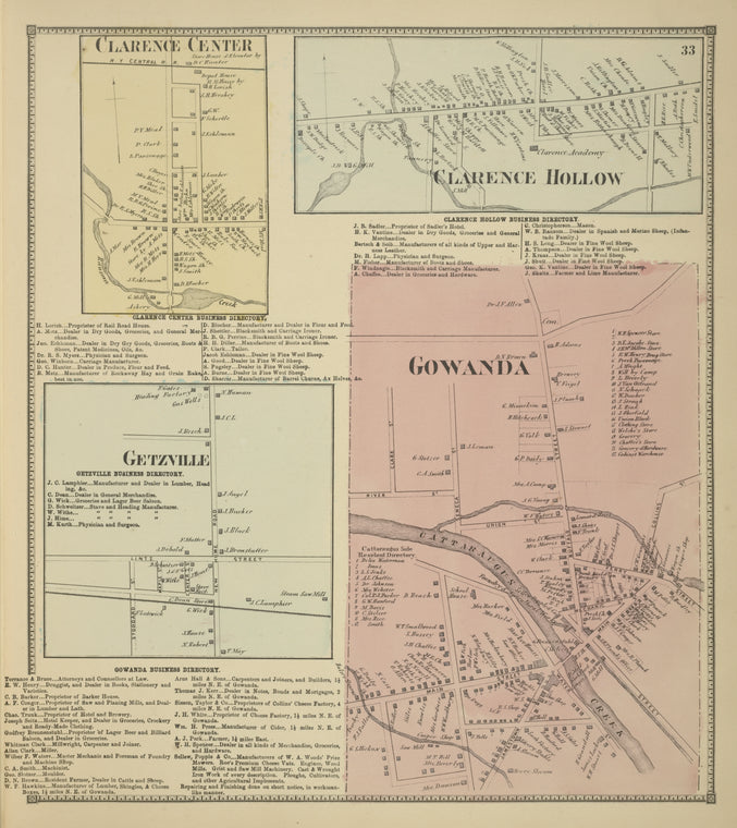 Clarence Center [Village]; Clarence Center Business Directory.; Clarence Hollow [Village]; Clarence Hollow Business Directory.; Getzville [Village]; Gowanda Business Directory.; Gowanda [Village]