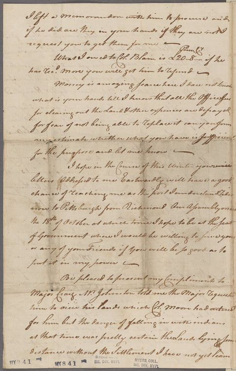 Campbell, John. Falls of Ohio. To Col. Presley Neville