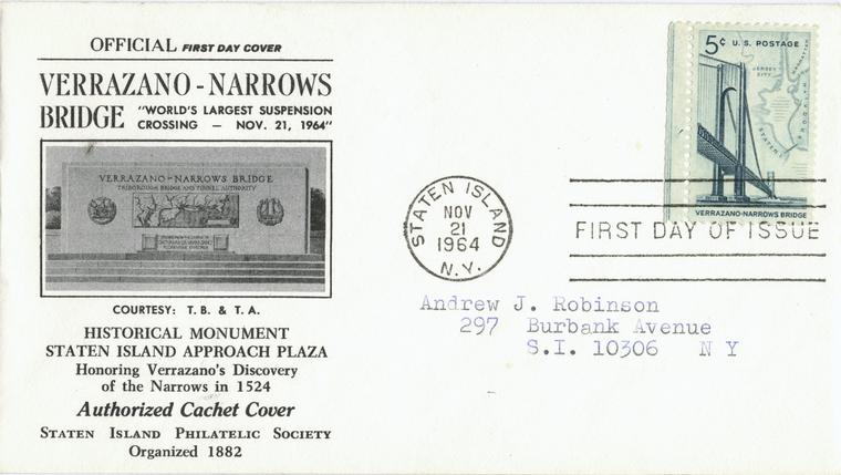 Official First Day Cover, Verrazano-Narrows Bridge Worlds Largest Suspension Crossing, inset of historical monument,  S.I. approach plaza, honoring Verrazanos Discovery of the Narrows in 1524.