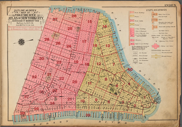 Outline and Index Map of Volume One, Atlas of New York City, Borough of Manhattan. Battery to 14th St.