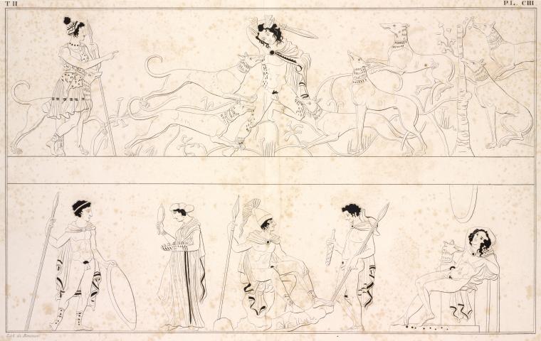 Actaeon defends himself with a sword against the dogs of Diana