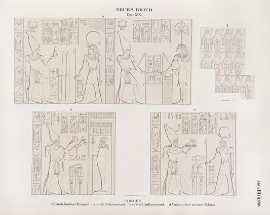 Neues Reich. Dynastie XIX. Theben [Thebes]. Karnak. Grosser Tempel: a.  Südliche Ausserwand; b. c. Oestliche Ausserwand; d. Vorbau des zweiten Pylons.