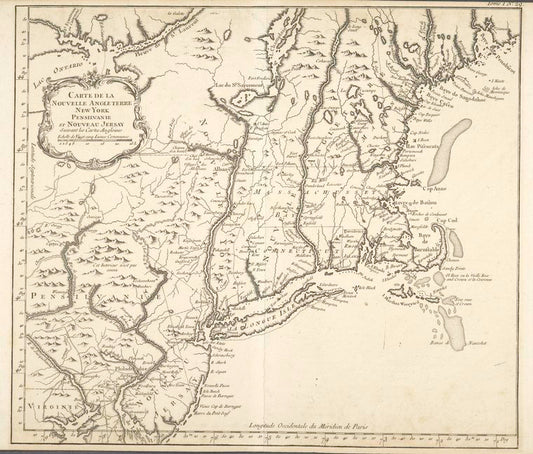 Carte de la Nouvelle Angleterre : New York, Pensilvanie et Nouveau Jersay suivant les cartes angloises.