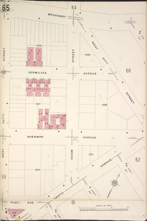 Manhattan, V. 12, Plate No. 65 [Map bounded by Broadway, W. 211th St., 10th Ave., Post Ave., W. 207th St.]