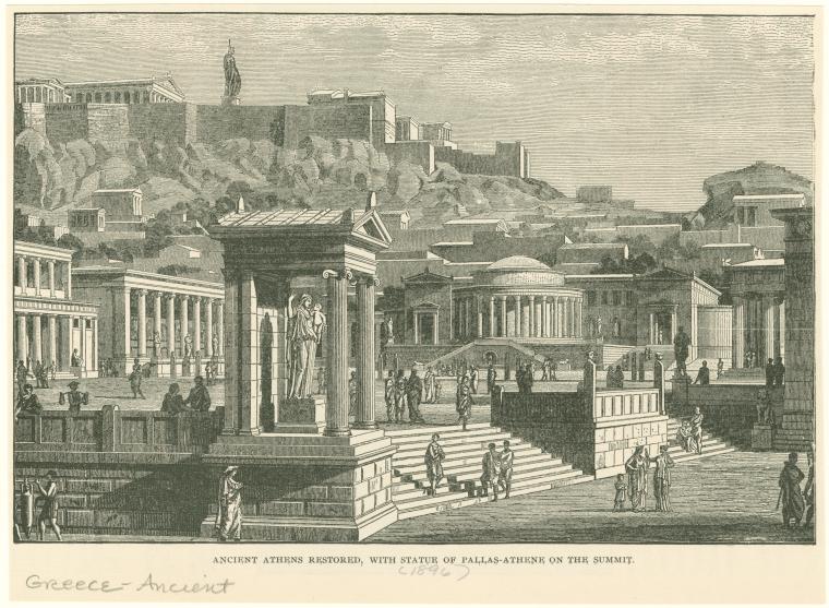 Ancient Athens restored, with statue of Pallas-Athene on the summit