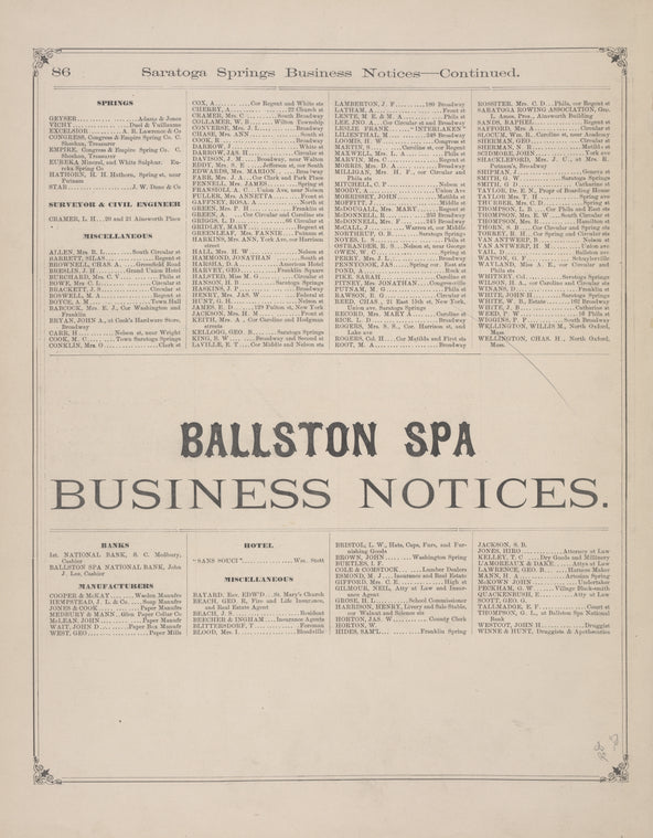 Saratoga Springs Business Notices. [cont.]; Ballston Spa. Business Notices.