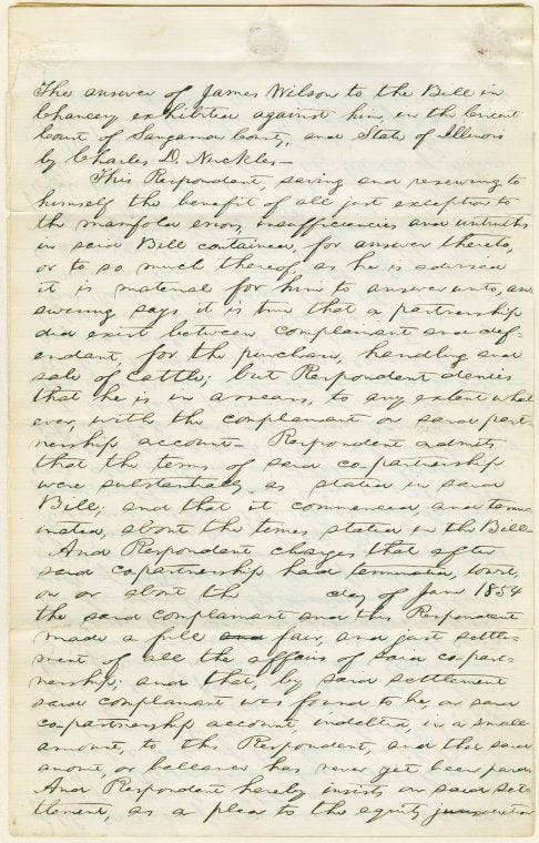 Bill in the case of Charles D. Nickles vs. James Wilson: Lincoln & Herndon for defendant
