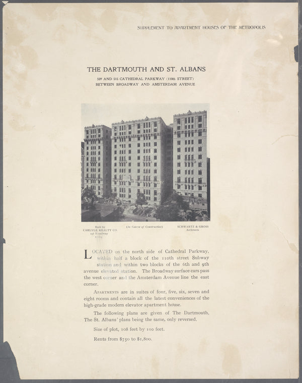 The Dartmouth and St. Albans, 509 and 515 Cathedral Parkway (110th Street), between Broadway and Amsterdam Avenue.