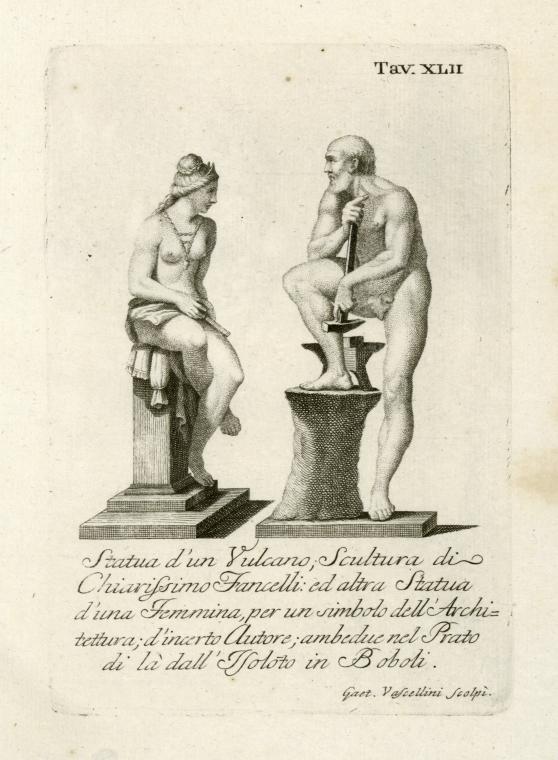 Statua d'un Vulcano; Scultura di Chiarissimo Fancelli: ed altra Statua d'una Femmina, per un simbolo dell'Architettura; d'incerto Autore; ambedue nel Prato di là dall'Isoloto in Boboli.