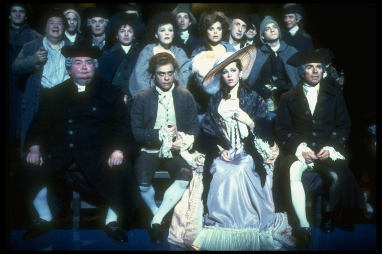2R-4R) Mark Hamill as Mozart, Mary A. Dierson and David Birney as Salieri in a scene from the Broadway production of the play "Amadeus."