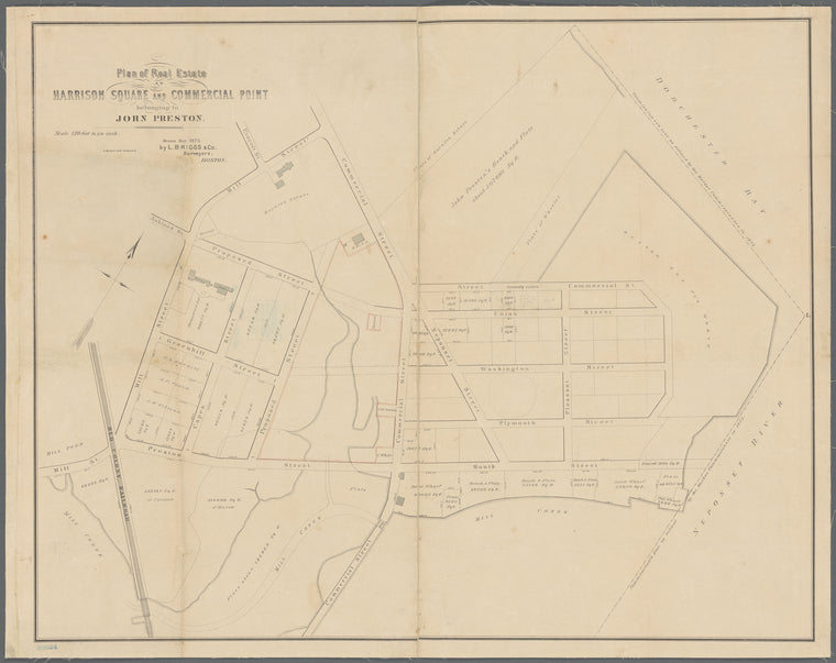 Plan of real estate at Harrison Square and Commercial Point: belonging to John Preston