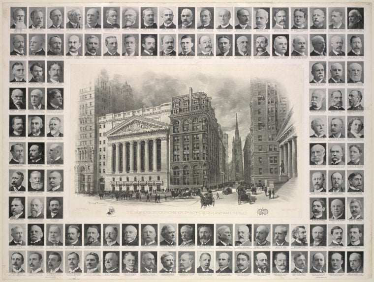 The New York Stock Exchange, Trinity Church and Wall Street. Below, left, bust portrait of George B. Post, architect