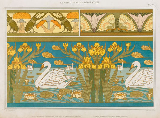Lucanes et champignons, oxalides et papillons, bordure; cygnes, iris et nénuphars, émail cloisonné