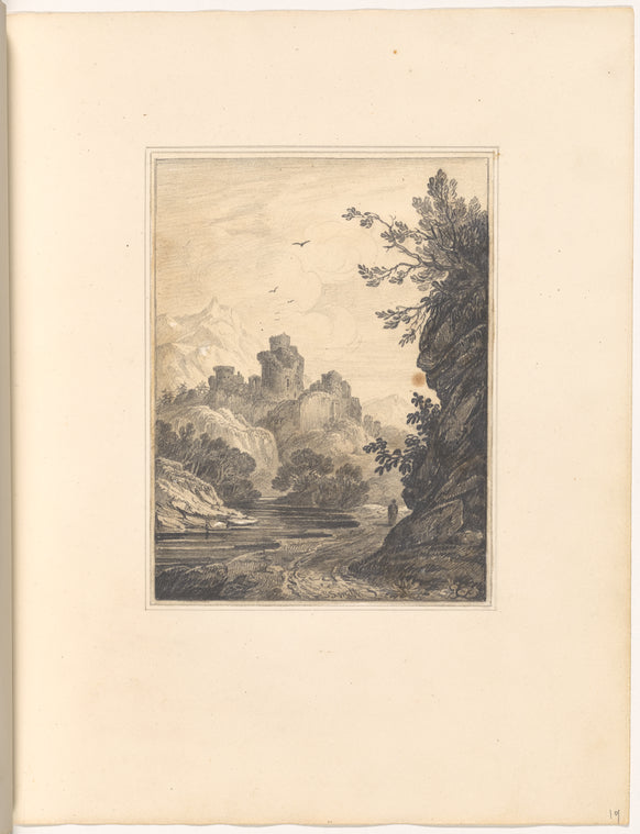 Mounted pencil landscape with ruins