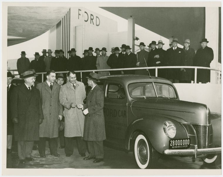 Ford - Ford, Edsel - With Harvey Gibson, Charles Soderquist, James Rooney and crowd with 28 millionth Ford car