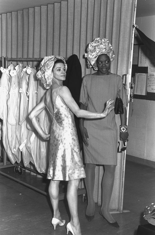 New York City Ballet production of "Summerspace" Melissa Hayden shows off dress inspired by costumes, unidentified designer at left, choreography by Merce Cunningham (New York)