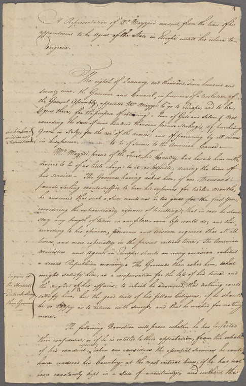 “A Representation of Mr. Mazzei’s Conduct, from the time of his appointment to be Agent of the State in Europe untill his return to Virginia”