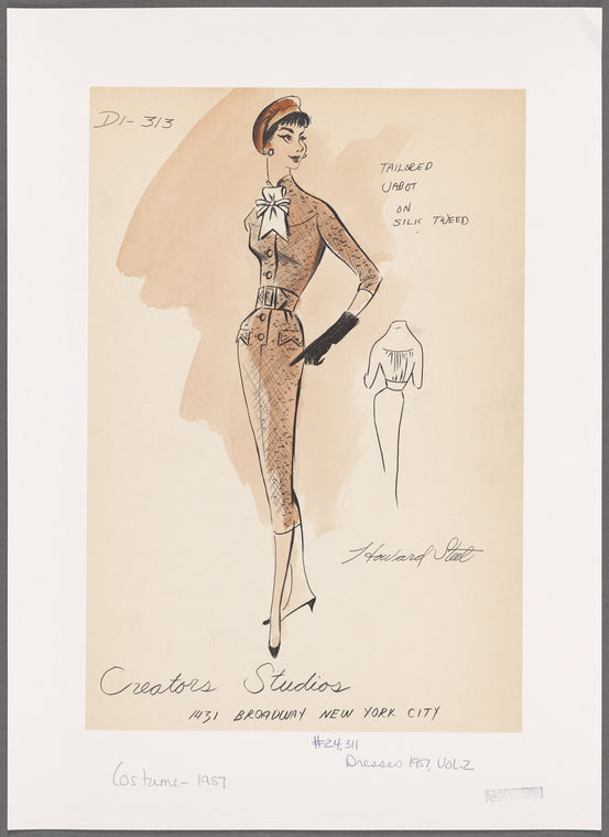 Silk tweed dress with tailored jabot, wide belt and notched hip pocket flaps; gathers at back below yoke