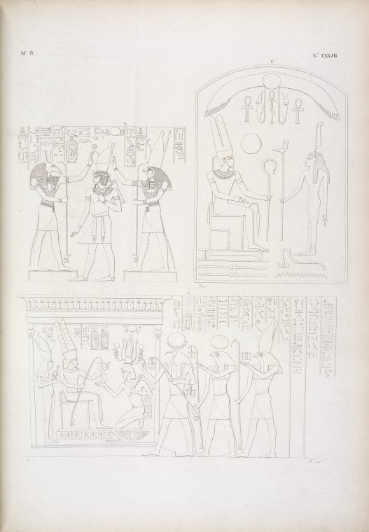 Fig. 1. Prenome e nome-proprio di Ramses III anaglificamente espresso dietro il colosso di Luqsor [Luxor] sopra nominato. Fig. 2.Horus e il Dio della Nubia gl'impongono le mani. Fig. 3. Riceve da Amon-rê [Amon] con le panegirie la potestà reale.