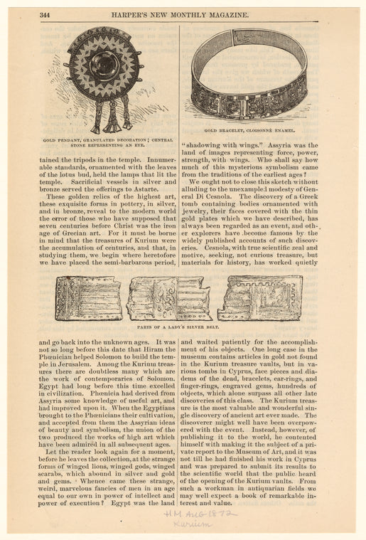Gold pendant, granulated decoration, central stone representing an eye ; Gold bracelet, cloisonné enamel ; Parts of a lady's silver belt